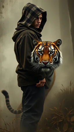 Hieronymus Bosch and Van Gogh styles , a young hooded man , a tiger is standing by looking at you In foggy smoky background