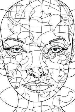 Outline art for coloring page, ROUND FLAT NOSE WOMAN'S FACE IN A PUZZLE, coloring page, white background, Sketch style, only use outline, clean line art, white background, no shadows, no shading, no color, clear