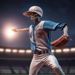 View of an alien baseball pitcher throwing a pitch, futuristic major league baseball field night game bright astral cosmic background, dramatic kinetic pose, intricate detail, photorealism, by Charles M. Conlon, canon HD 4D lens, cinematic perfection.