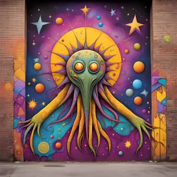 Lovecraftian cosmic dreamer, astral star-filled background, sinister, modern graffiti street art on city wall, dramatic, eerie, warm colors, dynamic diagonal composition, by Os Gemeos and Derek Riggs, color spray paint, concept art, stunning, Eldritch