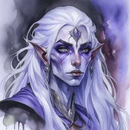 dnd, fantasy, watercolour, large strokes, stylistic, portrait, illustration, dull colours, woman, dark elf, drow, face, narrow long face, exaggerated face, cruel face, cold demeanor, purple eyes, piercing eyes, angry expression, white hair, very long hair streaming down the shoulders, lush hair, elegant, short small mouth, cruel smile