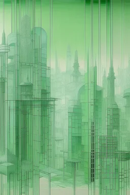 A light palish green dystopian city with haunted screens designed in Navajo woven art painted by Raymond Duchamp-Villon
