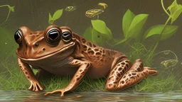 stylized and happy young brown frog with black stripes in its natural habitat at sunset, plain with wetlands, ravines, river with water hyacinth, ceibos and willows, dragonflies, beetles, dewdrops, digital art