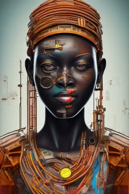 african portrait in rusted clocks, clock on face, rust, scaffolding, ghana colours, cyberpunk, high detail