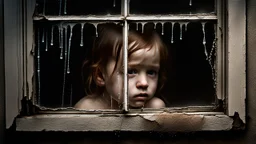 broken old window with cracks on with long cracks and shattered pieces scattered all over the scene. fog and rain and a very pale transparently blur baby face to see., An artistically form of a delicate and depressed face of a young girl formed entirely by natural moist areas, condensation, raindrops, and drip lines on a rain wet window pane. The artistic rendition emphasizes a minimalistic approach, with each facial detail—eyes, nose, mouth, eyebrowssurreal, sad, fog