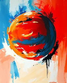 abstract painting of a planet earth in bold red, orange, and blue tones, dynamic brush strokes, ocean background hinted through color layers, expressive and elegant modern art, oil paint texture, --ar 4:5 --v 6 --style raw --quality 2