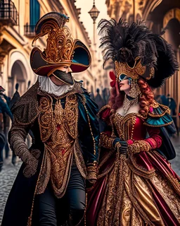 Pareja hombre y mujer con disfraz en el carnaval de Venezia caminando por Venezia mascara vestido hasta el suelo pantalones gráfica 2d hiperdetallada intricadas finamente detallada 8k