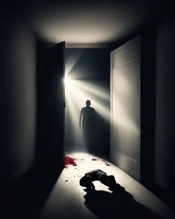In a dark room, a shadow behind a light streams in through an open door symbolizing new possibilities, hope, and overcoming problems.a man is laying down dead with his face is bloody