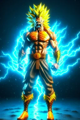 realistic 3d rendering of goku super saiyan fused aquaman, surrounded by lightning, big muscular, full body photography, hyperrealistic