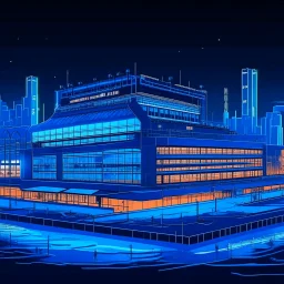 A bright pixel art cyberpunk-style illustration of the bramley docks Stadium, home of everton, glowing in sky blue and white neon lights. The stadium is set in a futuristic skyline with illuminated skyscrapers, digital billboards, and a glowing road leading to the main entrance. The architecture is sleek and modern, with light reflecting off metallic surfaces. A toffee and a glowing everton crest hologram float in the sky, casting a radiant blue hue. The city around is lively,