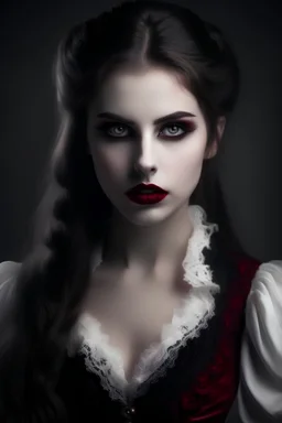an ethereal innocent beautiful brunette vampire lady with red eyes in victorian era