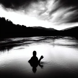 dark man shadow float in sky. scared people. river. river rock . valley . night