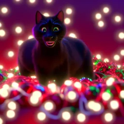 black Cat tangled up in christmas tree lights holiday