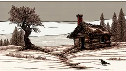 a lonely old adobe hut with worn adobe brown-gray wall and a small window, a crumbling roof, an old chimney stands on a hill, next to it is a small woodshed by the wall, and an old withered tree leans over the hut on thr old tree sitting a black crow, the hut stands on the edge of a European forest, winter, snowy landscape, low light, dawn, snow, high detailed, sharp focus, high realistic, perfect photo