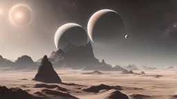 From the vastness of space, a mesmerizing planet comes into view. Its surface is a tapestry of reddish and black hues, a stark testament to its volatile nature. A stunning ring of rocky debris encircles the planet, casting fleeting shadows upon its desolate landscape. Two moons gracefully orbit, silent companions against the cosmic backdrop. In the distance, a colossal gas giant commands attention, its swirling clouds of mystery contrasting against the glow of a crimson sun, painting an otherwor