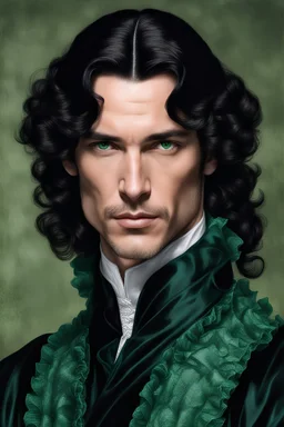 man, long oily black hair, thin, muscular, emerald green eyes, tudor ruffle collar, reseeding hair line, black robe, rich.