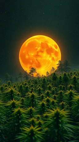 Orange moon landscape on green planet, space meteorites, stars in the night sky, fantasy plants on theof marijuana trees split toning effect, subsurface gaussian scattering, dark fantasy, dark botany, photorealistic image, ultra-details, Marijuana trees