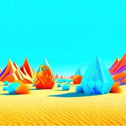 Bright, glittering, 3d, plastic-like, surreal objects in a bright environment, desert, noon light