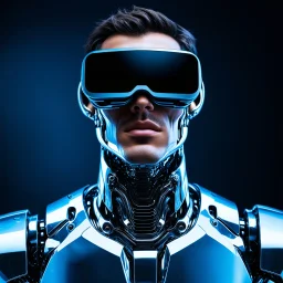 portrait shot, chromed male cyborg with vr glasses instead of eyes, shining chromed robot in dark background, floating