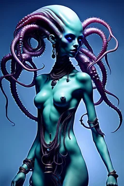 gorgeous female humanoid alien full body model, tentacles, orichalcum jewelry and piercings, beautiful face, glowing eyes, porcelain skin.