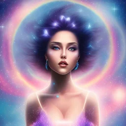 beautiful woman with long hair and smile look the stars and northern aurora blue turquoise lights, blue, pink,