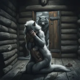 in the middle of a wooden hut an pale gray body hair pregnant anthropomorphic wolf woman creature kneeling, crying and covering eyes with her pawes, in background in the door stands dark gray body hair anthropomorphic wolfman and looking the female wolf. high contrast, high detalied, high realistic, sharp focus. The atmosphere is a seamless blend of sci-fi, dark fantasy