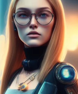 a young woman, BLONDE hair, green eyes, glasses, deep colors, cyberpunk, great pose, Realistic photography, incredibly detailed, ultra-high resolution, 8k, complex 3d render, cinema 4d, anatomically correct