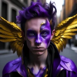 Purple skinned human with purple wings and golden eyes, scared, young, teary, in city