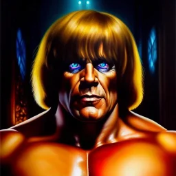 Ultra detailed fullbody Portrait in oil on canvas of HE-Man ,intense stare,extremely detailed digital painting, extremely detailed face,crystal clear Big eyes, mystical colors ,perfectly centered image, perfect composition, rim light, beautiful lighting,masterpiece,8k, stunning scene, raytracing, anatomically correct, in the style of robert e howard and Ken Kelley and Ohrai Noriyoshi and Simon Bisley and tomzj1