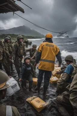 **Cinematic Art:** A war-time drama set against the backdrop of a typhoon, where a team from the World Food Programme (WFP) must deliver aid supplies to a remote island. **Appearance:** art ideas that encapsulate the essence of emergency evacuation, aid supply, and safety training in the context of hurricanes, typhoons, tornadoes, and cyclones. These ideas aim to promote vigilance regarding the preservation and protection of rights for the global public, communities, societies, and individuals,