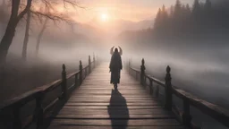 walking straight ahead over a wooden bridge, holding the angel of death with your right hand, entering the fog at the end of the road that leads to the afterlife, a stream from the mountains flows from the right and left, and a beautiful sunset behind the fog, realistic