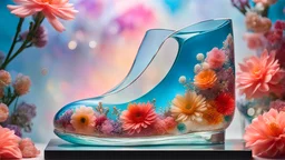 close-up of a glass shoe on a display stand, inspired by David LaChapelle, glass flowers, high quality product image, coral reef, flora and fauna, cosmic nebula, Christian Dior style light background, with frozen flowers around of her, stunning design, beautiful, side profile illustration, glass painting, multicolor, displayed, backlight
