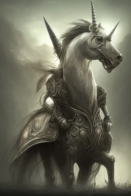 unicorn , dystopian surrealism, fantasy, hdr, demonic, dark art