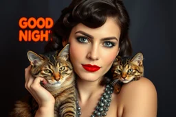 photo, portrait of a beautiful art deco woman with a cat, sign "GOOD NIGHT"