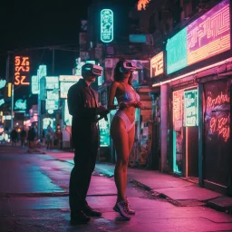 street photography of a woman and man on the street, night time, cyberpunk neon lights, 16mm , perfect photography, 1980's,vhs footage,wearing futuristic VR,bikini,bending,low light,shot by jvc gr-sz7,glitch,back to the future