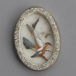 ivory brooch of a kingfisher, decorative design, classical ornament, bilateral symmetry, highly detailed etching, marble carving