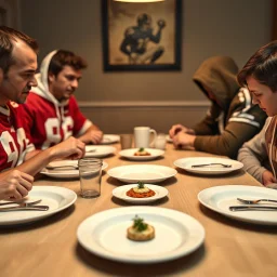 empty dinner table with football jersey and hoodie wearing rough dejected family seated with white plates in front of them with a single tiny micro portion amuse-bouche, photorealism, HD, perfect anatomy, micro food