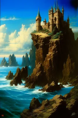 a rocky coast. A long isthmus juts out into the sea. the isthmus slopes upwards. on top of the isthmus there is a large fortress. style of Michael whelan.