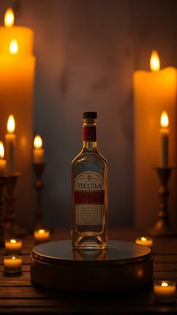 generate a background with candles with light effect and a small stage on the side for tequila bottle