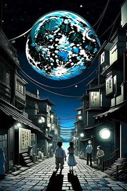 THE MOON HIDDEN SHADOWY FIGURES LABIRINTHINE STREETS STYLE OF HIROKU OGAI