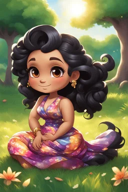 An airbrushed chibi black cartoon of a curvaceous woman with flowing black hair twisted up, wearing a colorful maxi dress. She sits relaxed on the grass facing the warm sunlight, which illuminates her face as she looks to the side with a small smile, accentuating her prominent makeup and brown eyes.