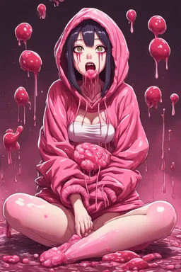 Anime girl crushed inside really darkred fleshy stomach filled with digestive juices, sit pose, fullbody, serius, tears, Junji Ito style, pink tones, pastel tetradic colors, 3D vector art, isometric style, retro aesthetic,rolling eyes, tongue out, saliva drip, open mouth,toph bei fong, croppedhoodie, underboob, mountainous horizon, 1girl, toph, bangs, black hair, blind, grey eyes, hair between eyes, hair bun, hairband, short hair, cropped hoodie underboob, cropped hoodieunderboobhoodie