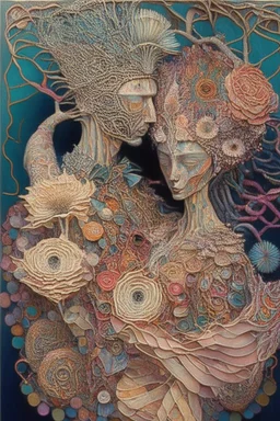 Surreal painting entitled "Indras Net" Surreal couple wearing intricately detailed quilling made from flowers, feathers, shells, gemstones, twine, pieces of colorful fabric, and leather; insanely detailed; intricate; award-winning; rose tones; beautiful; surrealism; Salvador Dali, Alex Pardee, Aaron Horkey