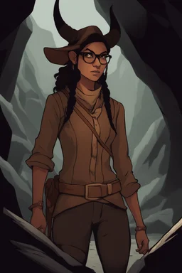 Dnd character with a long tail and small horns in a dark cave. A female Tiefling archeologist with a hat, wearing glasses, in brown adventurer's clothes. Cunning, beautiful.