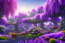 monde en fleurs, flower tree-houses, concept art, crépuscule , fuksia bleu oranger, vibrant Color, réaliste, riviere bleu, tree-house wisteria