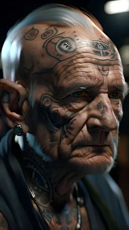 face of a old man with tattoos and cyberpunk elements, realistic, made in octane 3d render, cinematic, ultra-realistic, extremely detailed octane rendering, 8K, VRA, close up