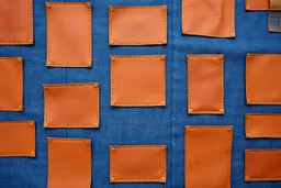 blue denim background covered with a grid of many rectangular dull tan leather patches that are each stitched around the edges