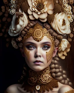 Beautiful young faced woman portrait adorned with vanilla flower rococo style voidcore shamanism carnival wooden ribbed style masque and nutmeg, coconut, nuts walnut, hazelnut headdress ribbed with cocoa flower Vanilla flower headdress wearing Golden filigree make up on and floral embossed rococo style shamanism costume dress organic bio spinal ribbed detail of full Flóra. Palimpsest bokeh background extremely detailed maximálist hyperrealistic concept portrait