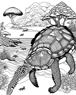 coloring pages for kids, Pacific island shaped Japanese ink painting, paradise, sea turtles , Art drawing .super detailed, low detail, black and white, no shading, --ar 85:110