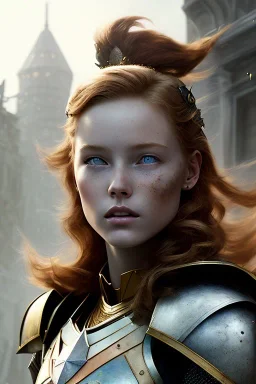 ultrarealistic, concept art, ruined city,__skimpy fantasy armor__, no star, __angles__, 18 year old woman, strikingly beautiful,ginger hair, _colour_, (pale __skincolor__ skin:1.2), __camera__, _hair_, detailed face and eyes, medium breasts, fantasy theme, freckles, dynamic pose, resolved expression, __accessory__, strappy outfit, (straps:1.1), sword in scabbard on left hip, (buckles, buttons, snaps, rings:1.0), haltertop style breastplate, detailed eyes, plump lips